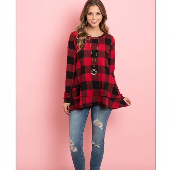 Red buffalo plaid long sleeves, ruffled, layer hem top, boutique - Picture 5 of 5